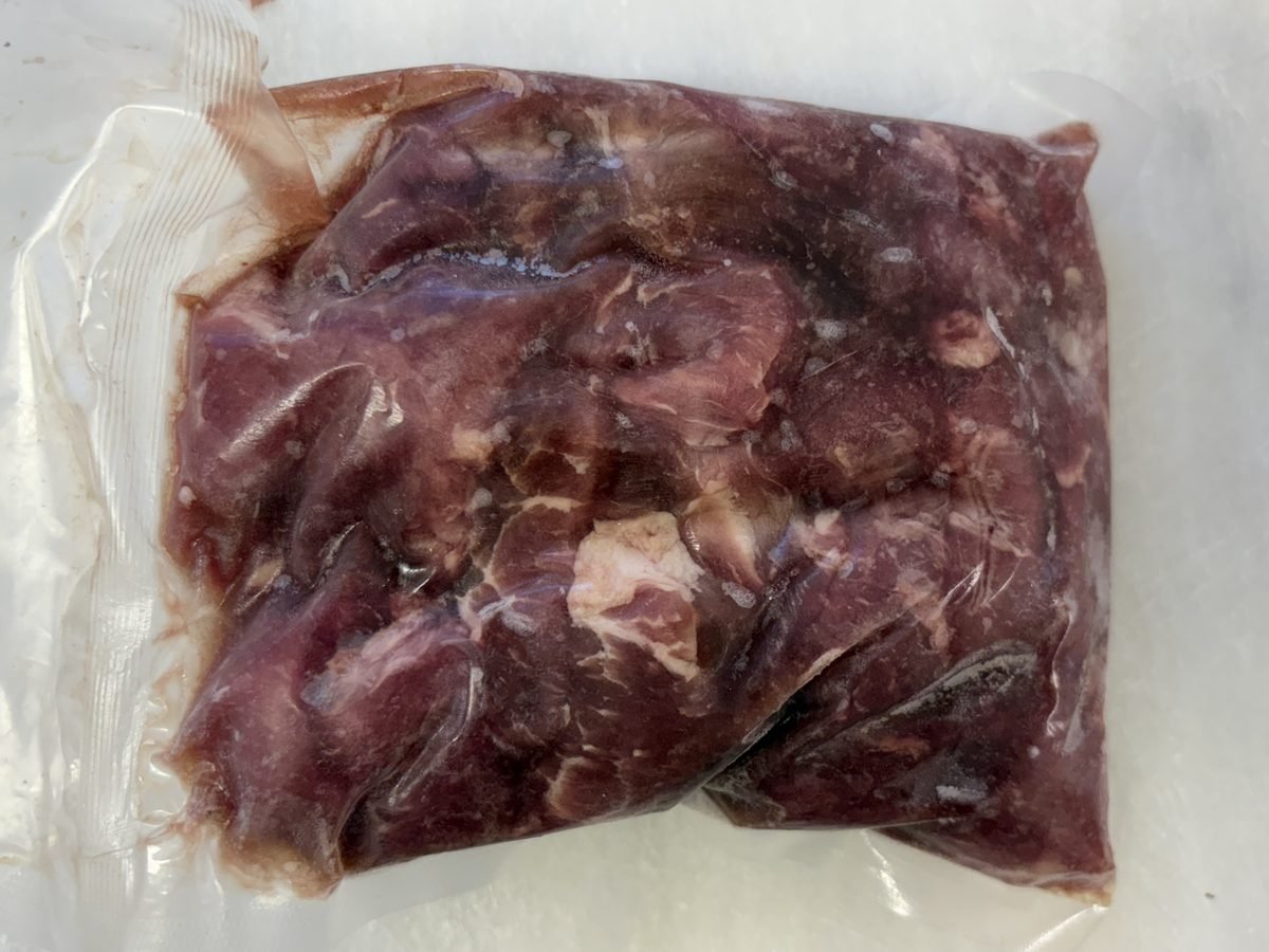 Stew Meat / Beef Cubes, vacuum-sealed pack.